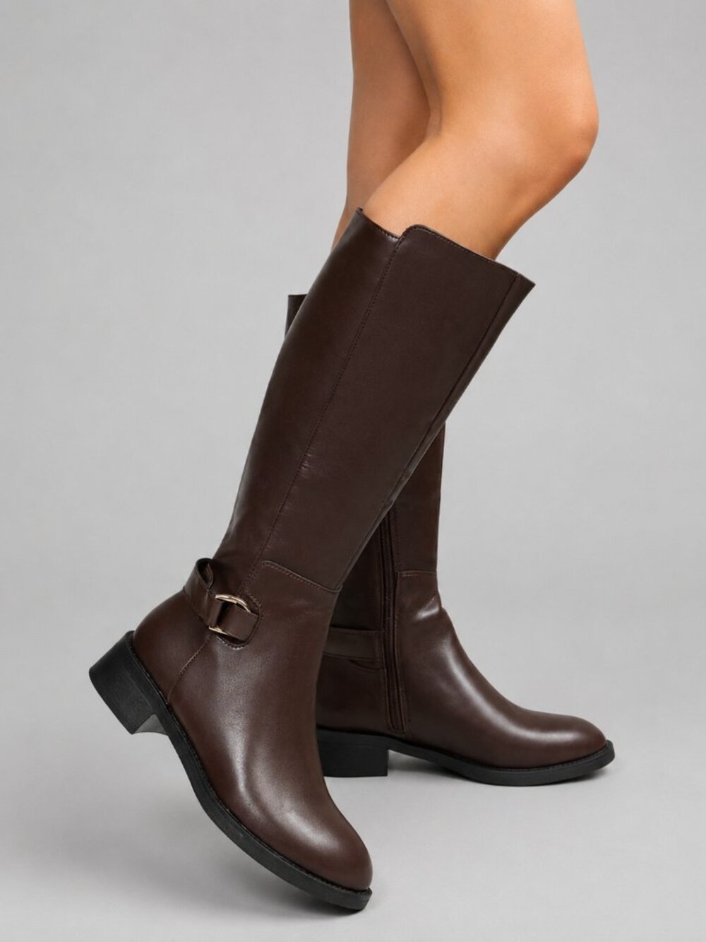 Women's Brown PU Leather Knee High Riding Boots Buckle Zip Equestrian Style Boot - Picture 2 of 9